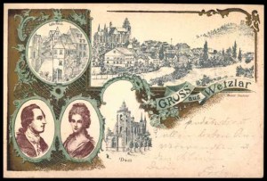 Korabeli levelezőlap Buff kisasszony és Goethe portréjával 